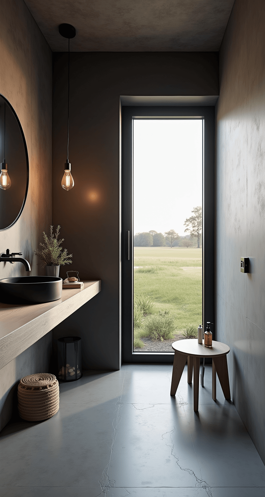 Industriële microbadkamer van 1,8x2,2 meter bij zonsondergang, met warmgrijze microcementwanden, vintage visgraat tegelvloer en zwart stalen douchewand. Matzwarte kranen en betonnen wastafel met zwevend eiken planchet. Warm avondlicht door smal raam, met zwarte handdoekrails en koperen accessoires.