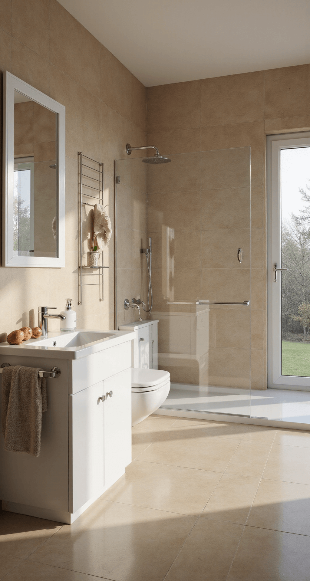 Luxe spa-badkamer met grote beige natuursteen tegels, inloopdouche met regendouche in geborsteld goud, zwevend hoogglans wit wastafelmeubel met dubbele kom, sfeervol ochtendlicht en styling met gedrapeerde badhanddoeken en een orchidee in wit keramiek.