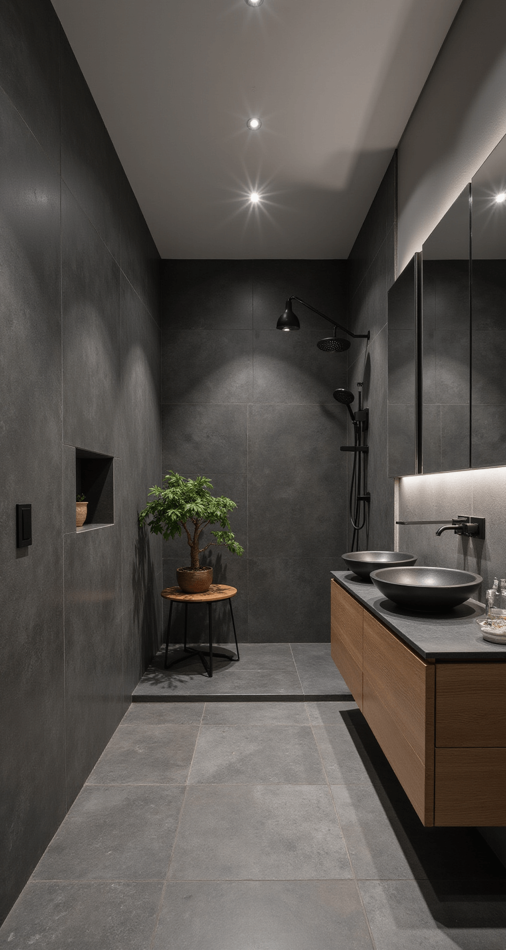 Japandi badkamer van 2.2x2.6m in middaglicht met verticale houtlook tegels en grote grijze vloertegels, minimalistische zwarte basalt wastafel met houten onderkast, en een glazen douchewand van vloer tot plafond. Styling met bamboe badaccessoires en een kleine bonsai op een planchet.