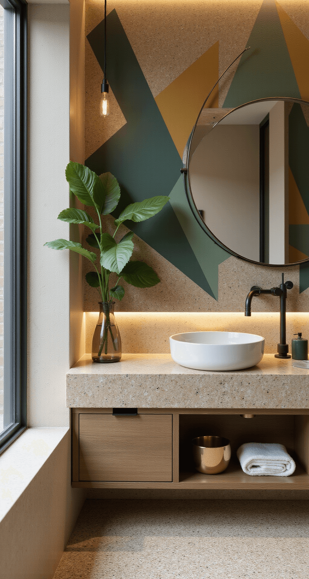 Art deco geïnspireerde badkamer met geometrische tegels in groen en goud, een crème terrazzo vloer met koperen accenten, een vrijstaande waskom op een marmeren console, en een ronde spiegel met verlichting, vastgelegd vanuit een laag standpunt in een warme avondsfeer met gouden accessoires en donkergroene handdoeken.