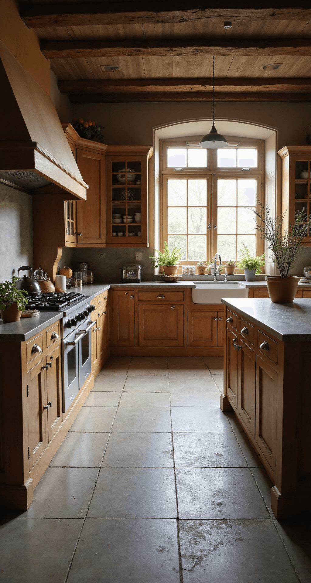 Ruime landelijke keuken met massief eikenhouten werkblad, roomwitte shaker-stijl keukenfronten, en vintage Belfast-sinks onder warm goudkleurig zonlicht. Opengewerkte wandplanken met kruiden in terracotta potten en koperen pannen, natuurstenen vloer in warme grijstint. Centraal kookeiland met verse lavendel in antieke emaille kan op de voorgrond.
