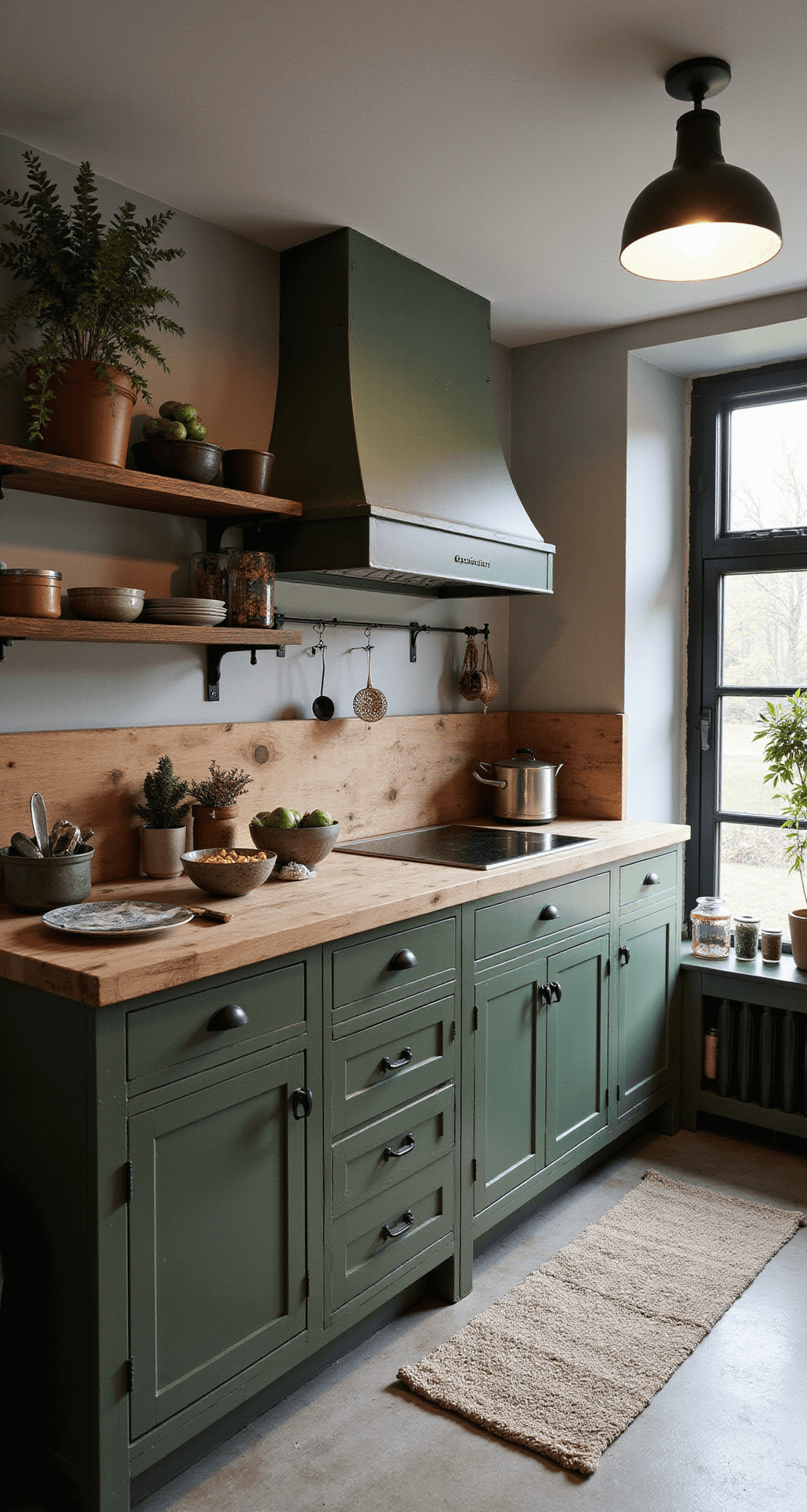 Intieme, compacte landelijke keuken met donkergroene kasten en messing handgrepen, een butcher-block aanrecht, vintage weegschaal, keramische potten, rustieke houten balken aan het plafond, en kleine boerderij-ramen met zwart stalen kozijnen, verlicht door lantaarns en kaarsen voor een dramatische sfeer.