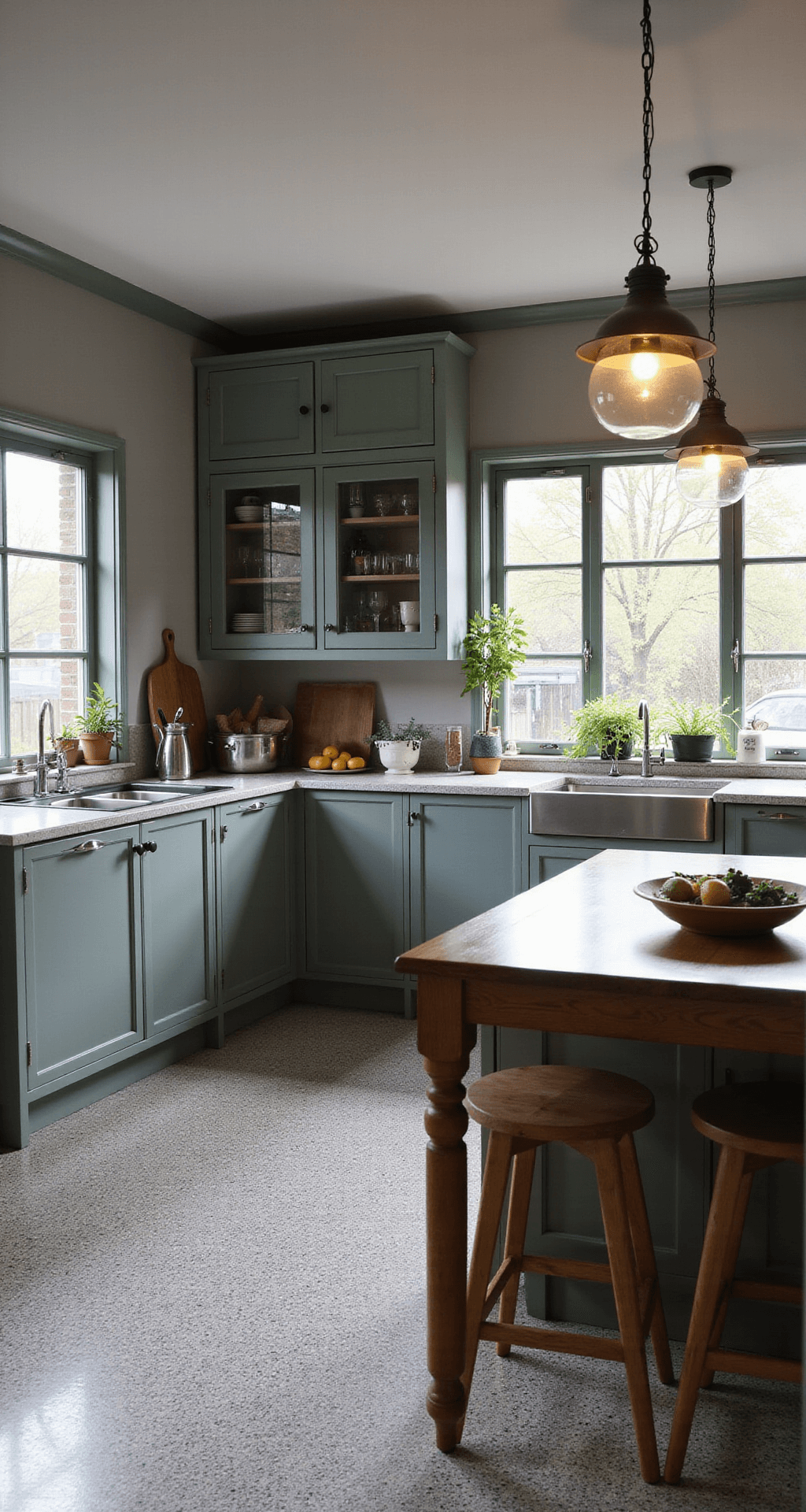 Landelijke keuken-eetkamer combinatie met L-vormige in zachtgrijs, authentieke terrazzo vloer, grote vitrinekast met antiek servies, centraal eiland met marktkrijtbord, en vintage schoollampen, prachtig belicht door middaglicht.