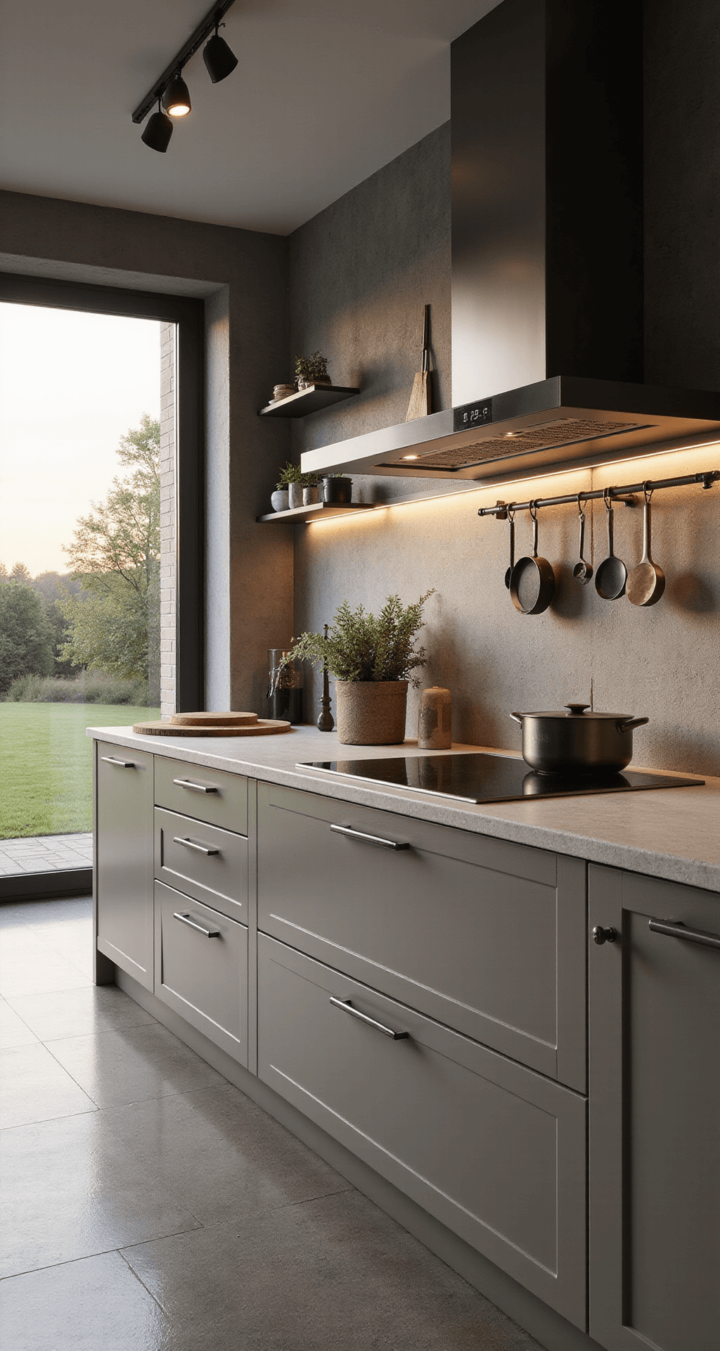 Moderne landelijke keuken bij zonsondergang met taupe kleurige fronten, betonnen werkblad met geïntegreerde spoelbak en vintage industriële metalen wandrekken, gefotografeerd vanuit heuphoogte.