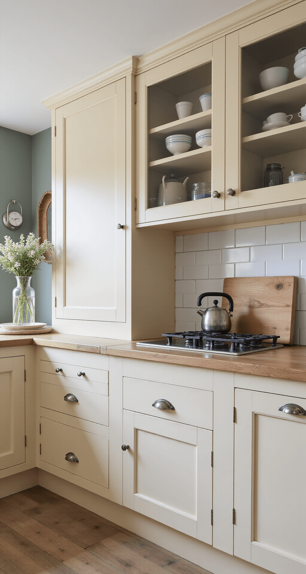 Intieme landelijke cottage keuken met crème kasten en hardstenen aanrecht, verlicht door diffuus natuurlijk licht op een regenachtige middag.