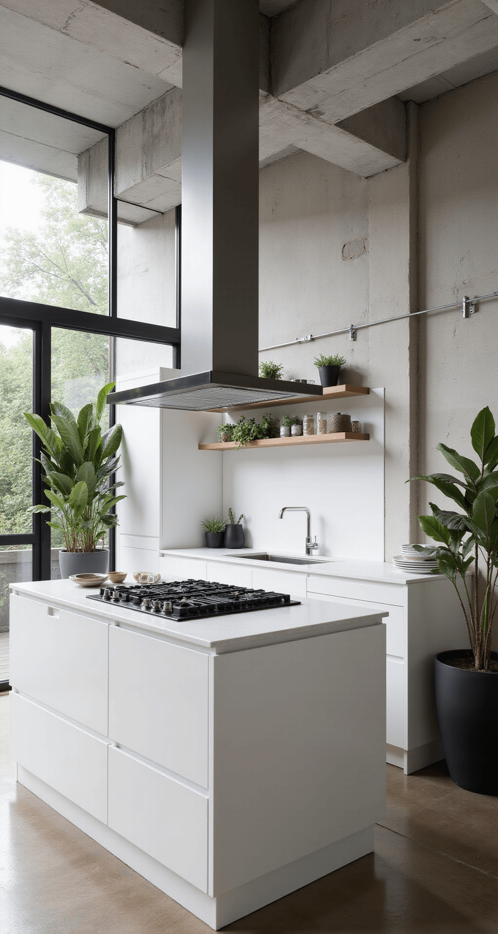 Moderne witte keuken in loft met hoge plafonds, grote ramen die ochtendzon binnenlaten, matte kastfronten en zwart composiet werkblad, minimalistisch kookeiland met inductieplaat, chromen kranen, en groene kruiden in zwarte potten.