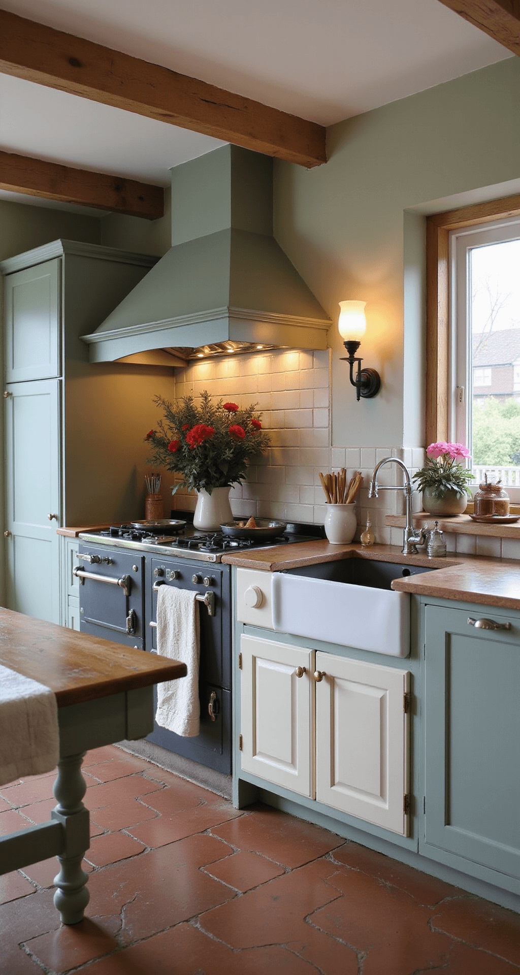 Landelijke keuken in warme saliegroen tinten met authentieke houten balken, shaker-stijl kasten, crèmekleurig AGA-fornuis, vintage keukentafel met linnen en veldbloemen, koperen pannen aan wandrek, terracotta tegelvloer, licht verhoogd standpunt en warm strijklicht.