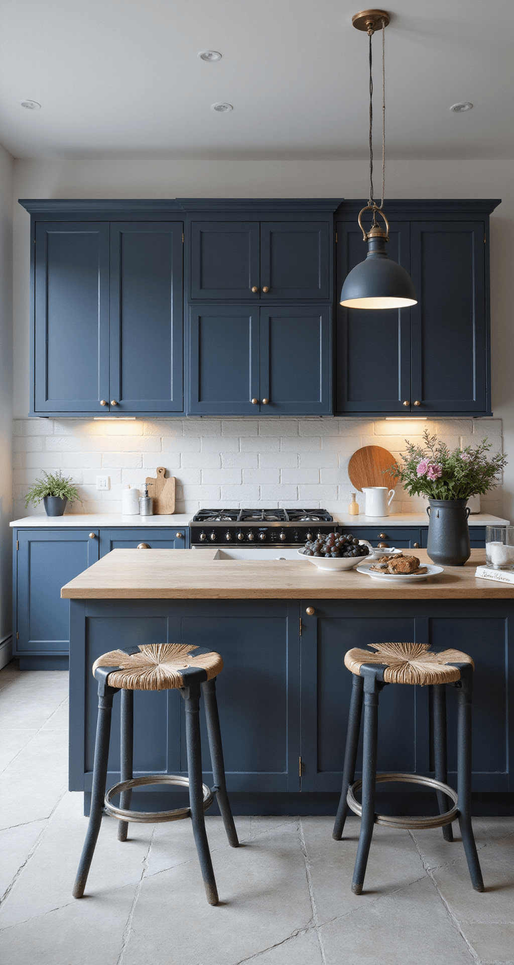 Maritiem geïnspireerde keuken in verschillende blauwtinten met hoogglans navy-blue kasten, witte accenten, marmeren werkblad, zeeblauwe metro tegels, koperen hanglampen boven een wit composiet eiland en rieten stoelen met nautische kussens.