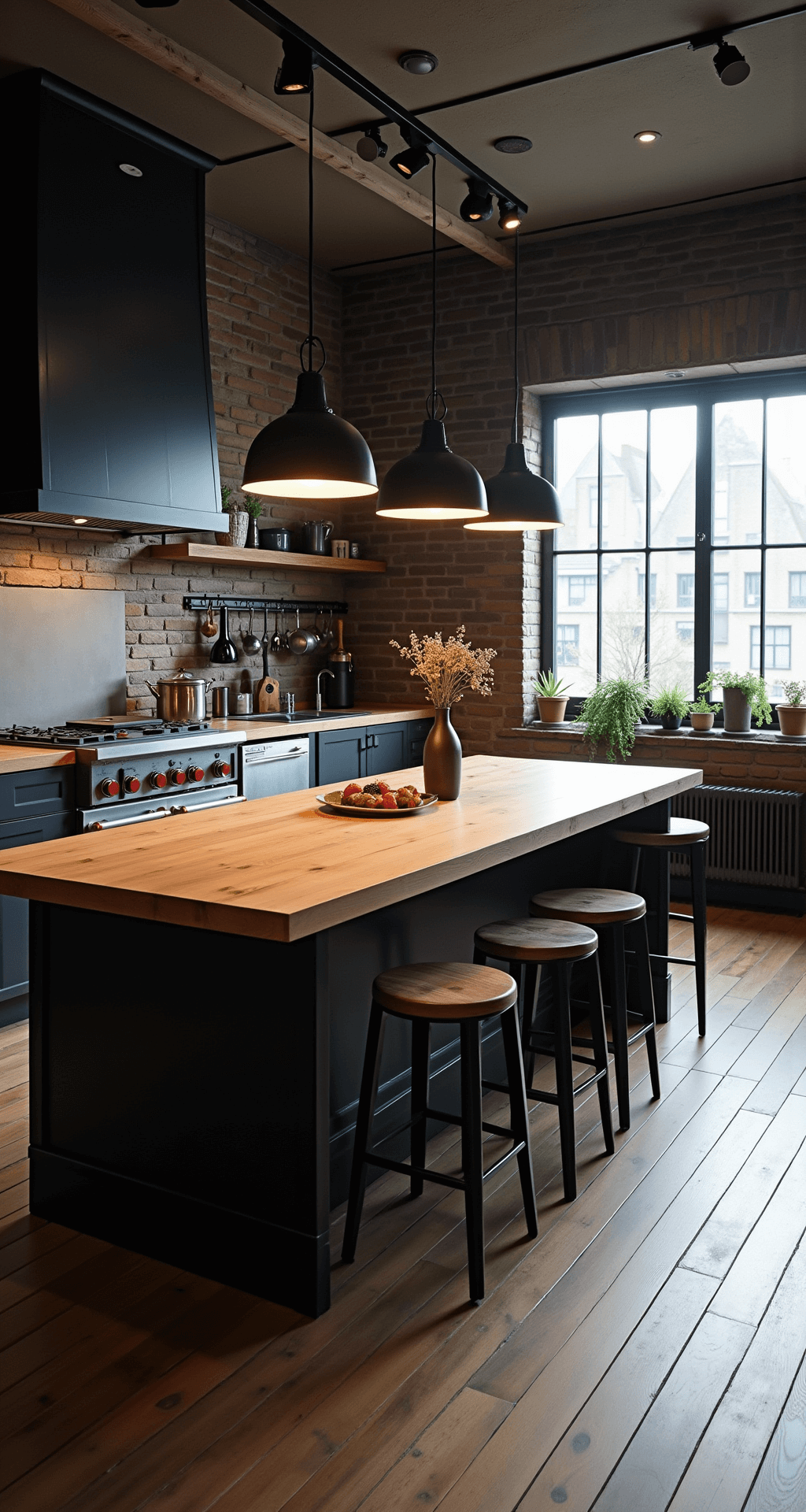Industriële keuken met betonlook wanden, zwart stalen kozijnen en geborsteld RVS werkbladen, verlicht door een vintage fabriekslamp boven een eiken eettafel, met leren barkrukken bij een betonnen bar.