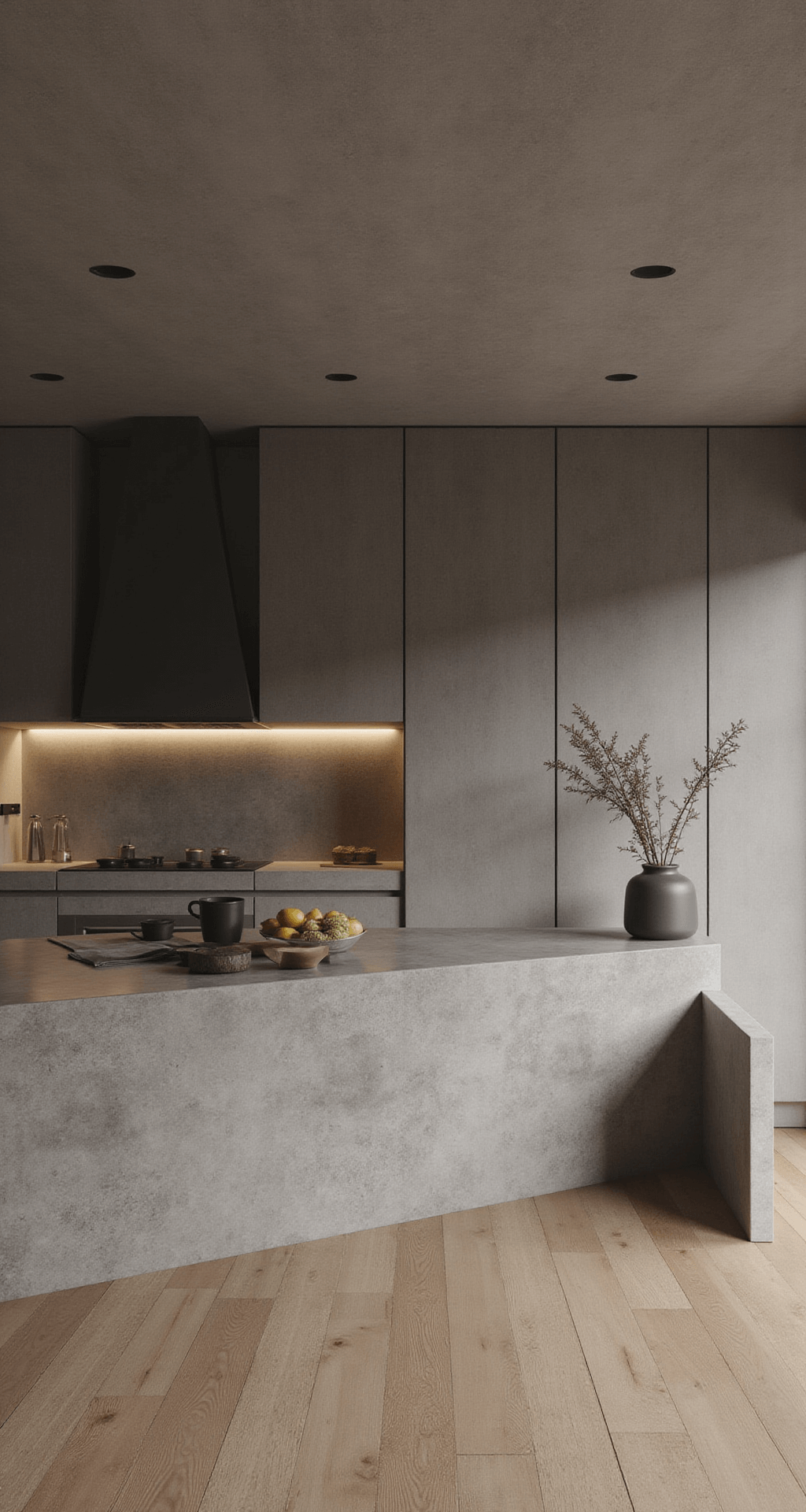 Minimalistische keuken met geborstelde eiken fronten en matte antraciet kasten, grote marmeren kookeiland met waterval-effect, zwevende planken en designaccessoires, verlicht met diffuus daglicht en accentverlichting.