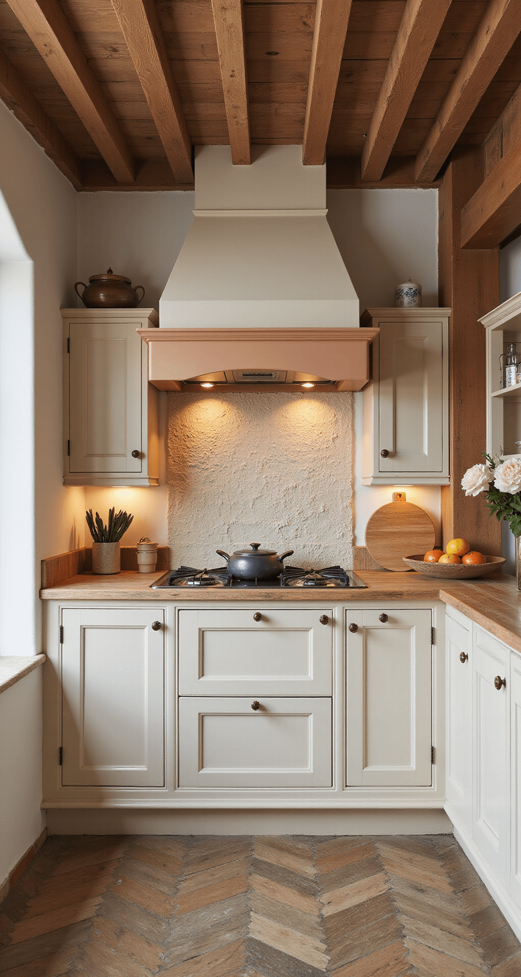 Moderne boerenkeuken met crème-kleurige kasten, terracotta accenten en authentieke balkenplafond, ingericht met een groot fornuis en vintage accessoires in een warme gloed van het gouden uur.
