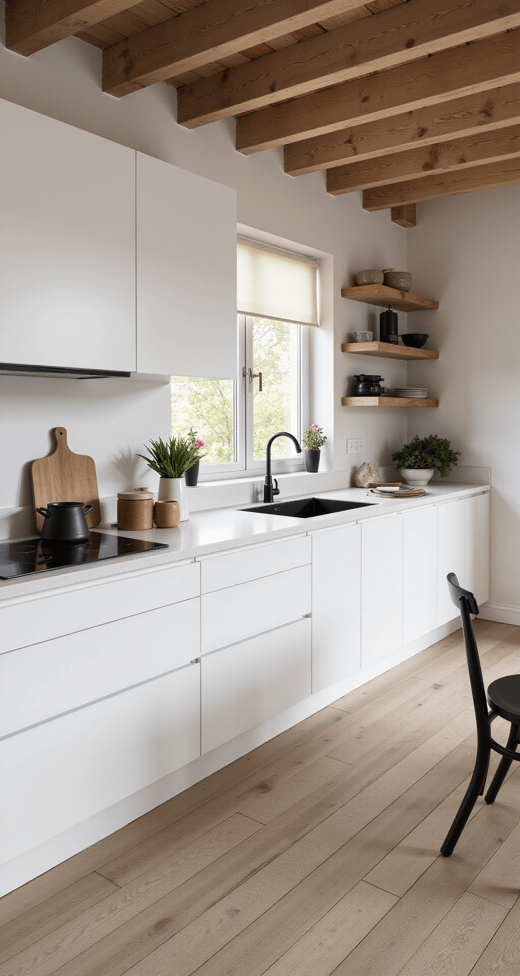 Minimalistische Scandinavische keuken met licht houten kasten, hoge ramen met linnen gordijnen en een visgraatvloer van licht eiken. Witte Corian werkbladen en zwarte accenten in kranen en verlichting, gefocust op helder noordelijk daglicht.