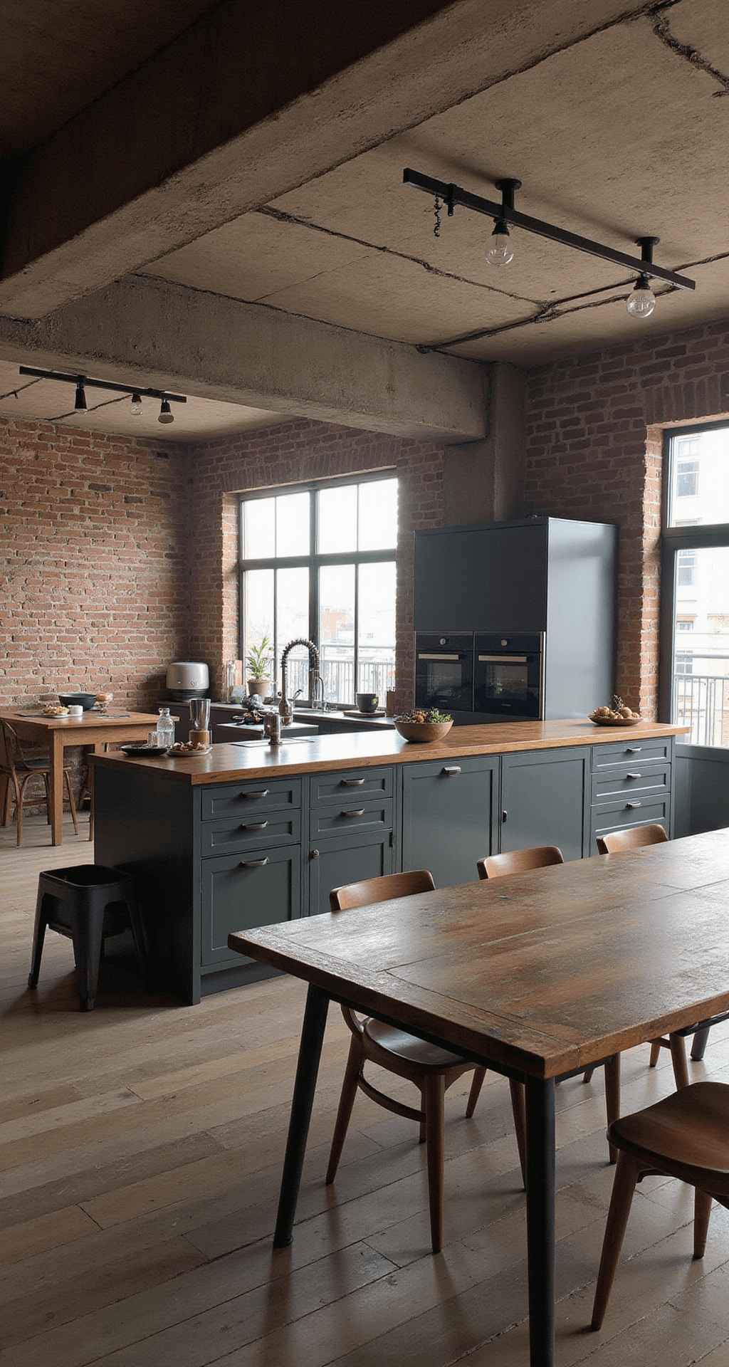 Industriële loftkeuken met bakstenen muren, stalen spanten, RVS werkbladen, ruwe steigerhouten kasten en betonnen vloer, verlicht door fabrieksramen en matzwarte hanglampen, met vintage houten krukken en lowkey belichting.