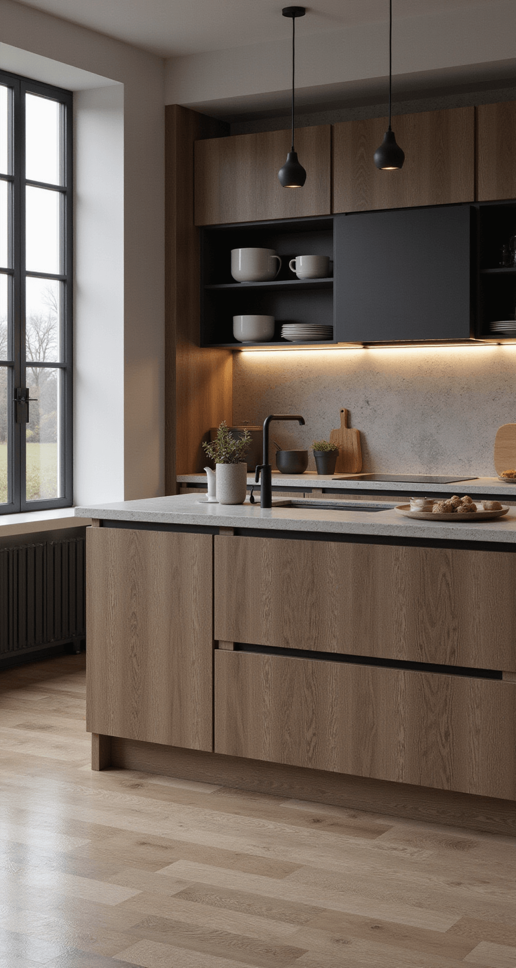 Moderne keuken in notenhout en antraciet met marmeren achterwand, eiland met waterval-effect, minimalistische zwarte accessoires, verzonken spotjes en glazen servieskast met sfeerverlichting, gefotografeerd met focus op symmetrie.