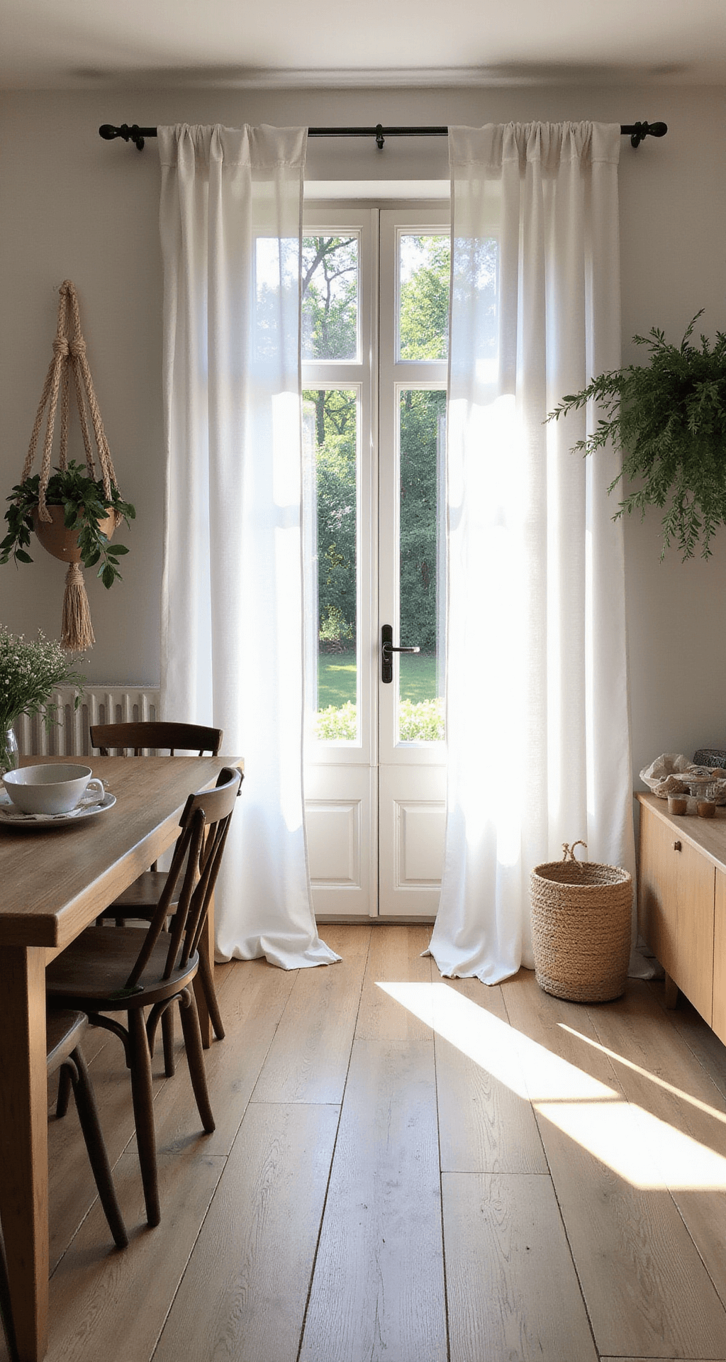 Compacte keuken van 3x3m in licht essenhout met koperen details, omgeven door soft ochtendlicht door linnen gordijnen. Vintage tegeltjes als spatwand, open planken vol kruiden en kookboeken, en een kleine bistrotafel in de ontbijthoek. Macramé plantenhanger met klimop voor een intieme sfeer.