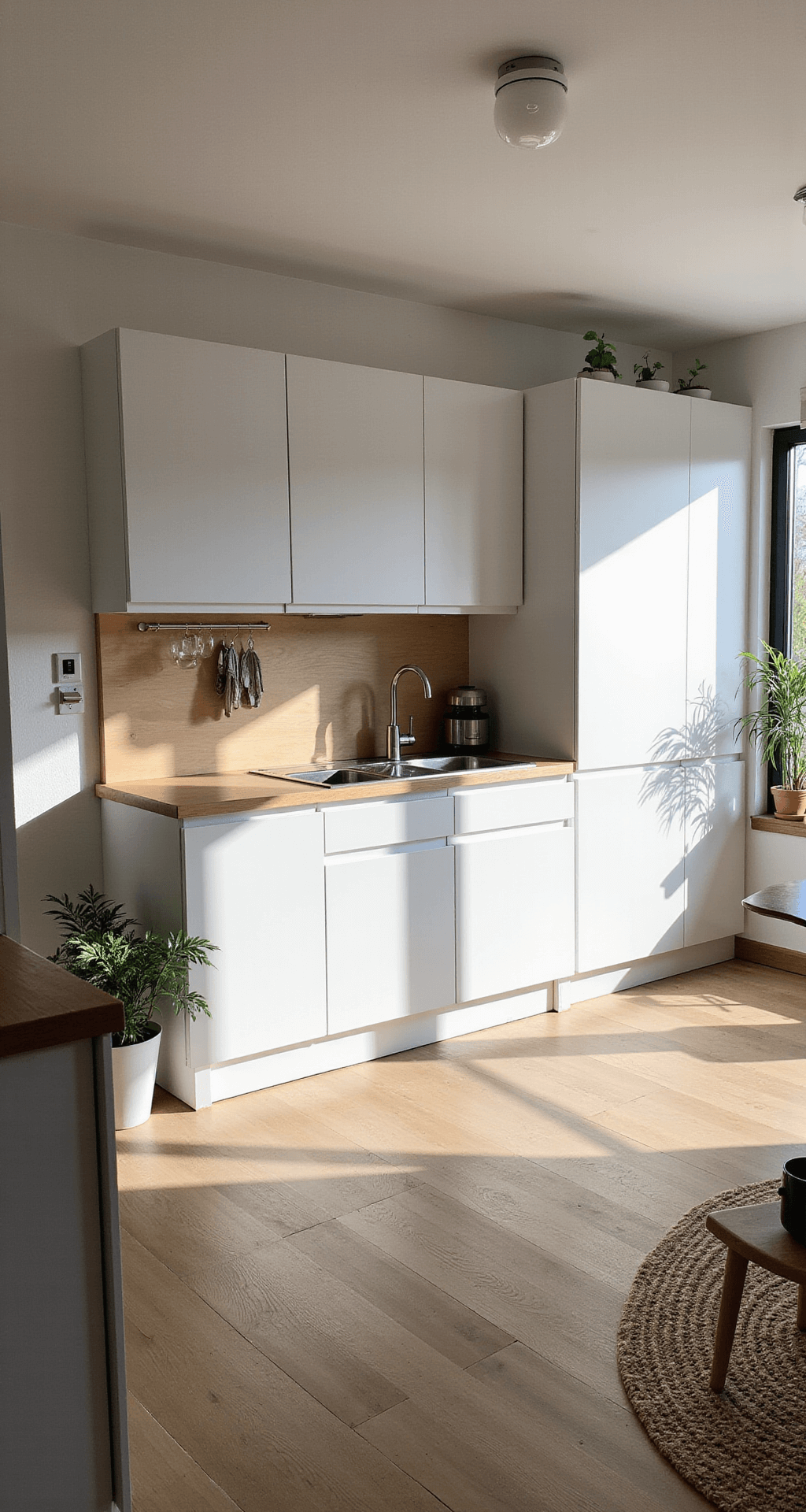 Een compacte moderne keuken met witte hoogglans kasten en lichtgrijs composiet werkblad, verlicht door ochtendlicht dat binnenstroomt via een groot raam. Koperen hanglampen reflecteren in de spoelbak, met slimme verticale opbergoplossingen en een magnetische messenstrip aan de muur. Kleine vetplantjes in witte potjes sieren een zwevende plank, terwijl een warme houten vloer diepte toevoegt. Minimalistische styling met subtiele metallic accenten.