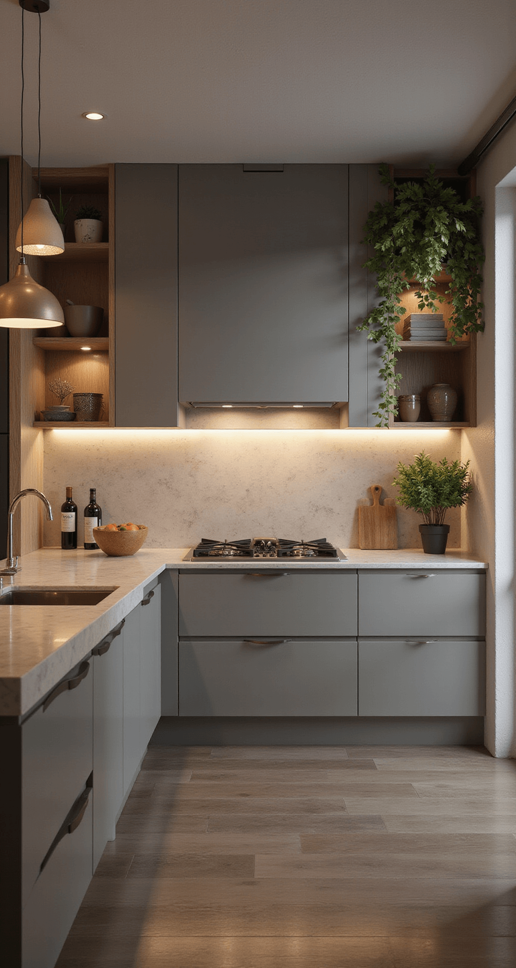 L-vormige keuken in zachte grijstinten met messing handgrepen, voorzien van een carrousel-systeem en marmerpatroon backsplash die warm avondlicht reflecteert. Een kleine ontbijtnook met oudroze fluwelen barkrukken en hangplanten die cascaderen vanaf zwevende planken, onder sfeervolle pendant verlichting.