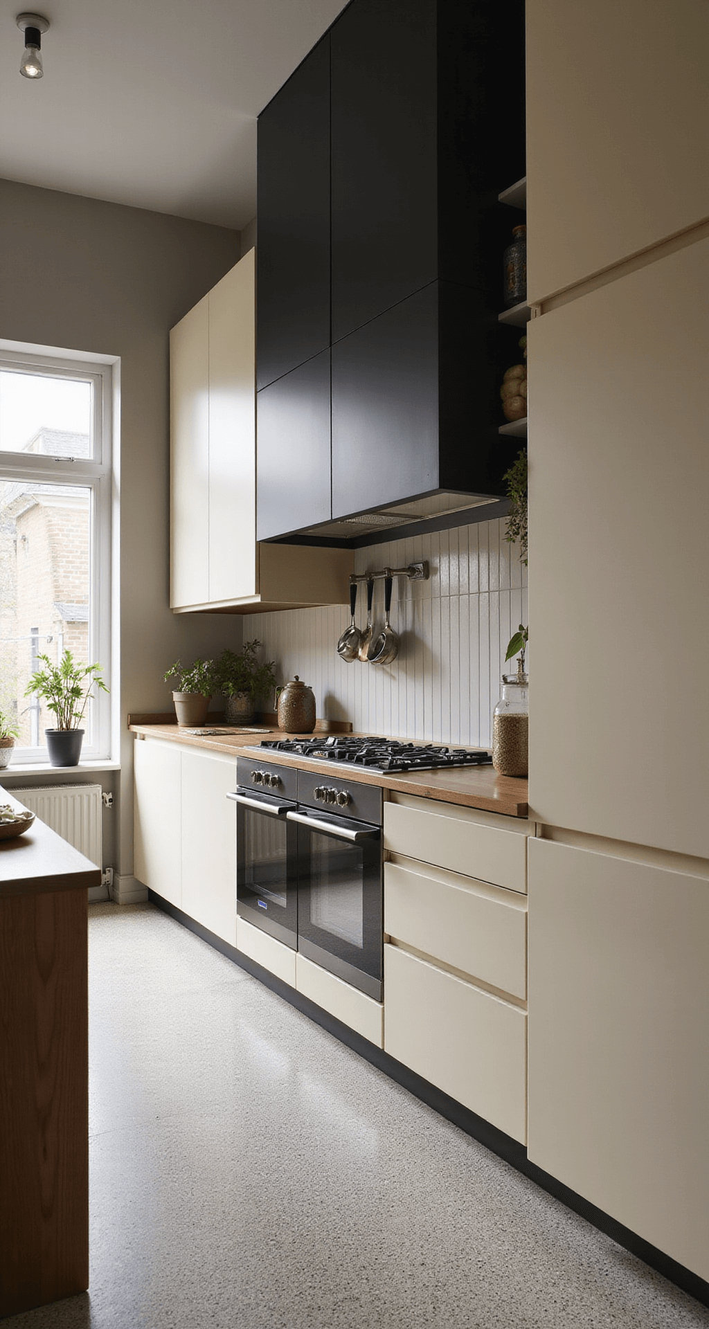 Kleine parallel-keuken met crèmekleurige kasten, geïntegreerde apparatuur, een slim werkeiland op wielen, vintage koperen pannenrek, industriële zwarte raamkozijnen en een terrazzo vloer, verlicht door middaglicht met een lage camerahoek die de lengte van de ruimte benadrukt.