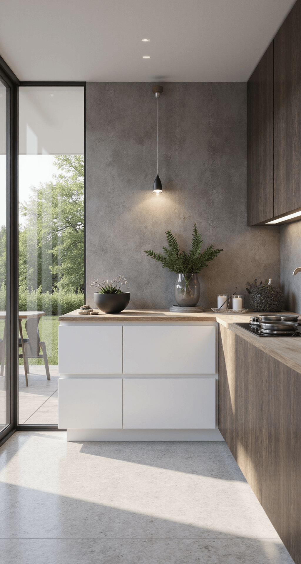 Moderne keuken met mini-schiereiland, antraciet onderkasten en witte bovenkasten, bar gedeelte met inklapbare barkrukken, grote spiegelwand, LED strips voor werklicht, geometrische tegelvloer in grijs-wit patroon.