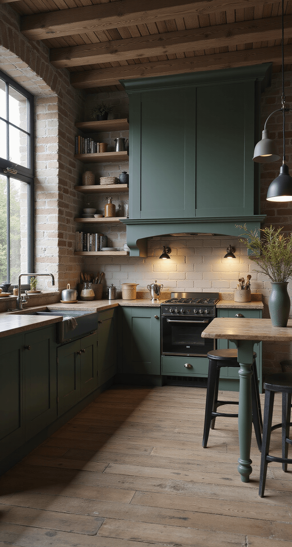 Rechte keuken van 2,5x4m in schemerlicht met zachtgroene kasten en ingebouwde verlichting, uitschuifbare werkoppervlakken in gebruik, vintage industriële wandlampen, metrotegels in visgraatpatroon als backsplash, zwevende eiken planken met keukenaccessoires en dramatische schaduwwerking door gerichte spotlights.