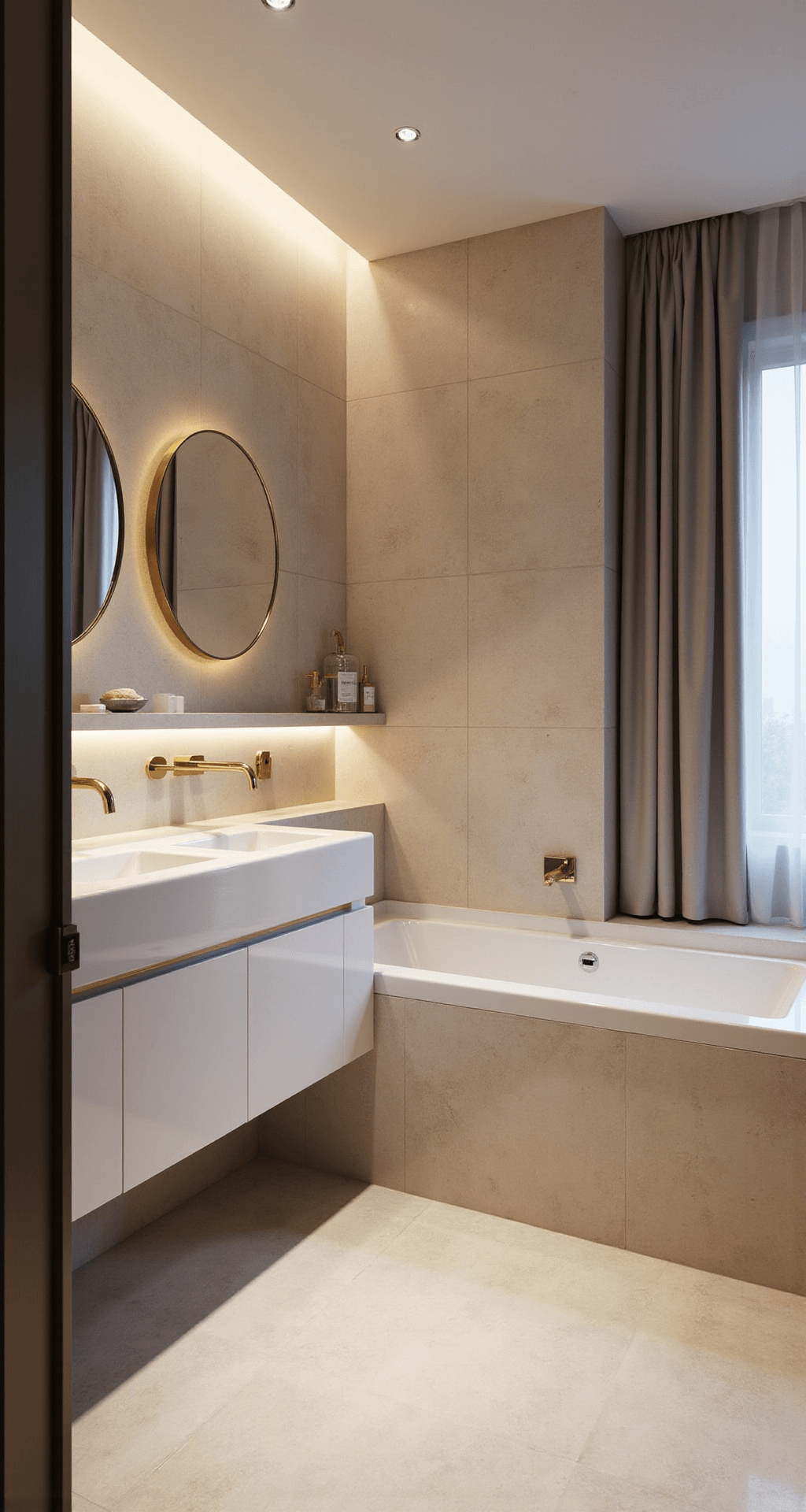 Luxe hotelbadkamer bij zonsopgang met vrijstaand ovaal bad, gouden badkraan, dubbele wastafel en inloopdouche, verlicht door natuurlijk ochtendlicht.