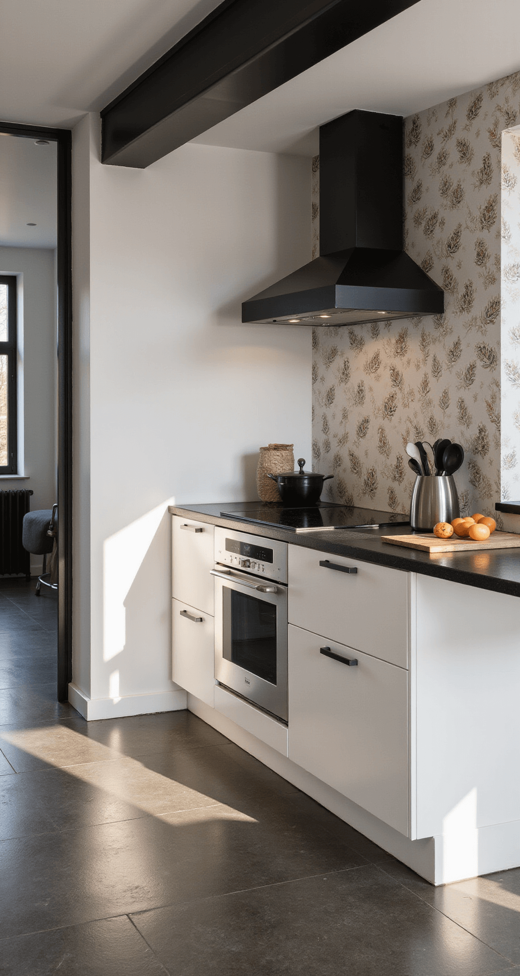 Compacte hoekkeuken van 3x3m in ochtendlicht, met parelmoer-witte fronten en zwarte accenten, draaiende hoekkast, gouden kraan en accessoires, kleine ontbijtbar met opklapbaar blad, en botanische prints op de achterwand.