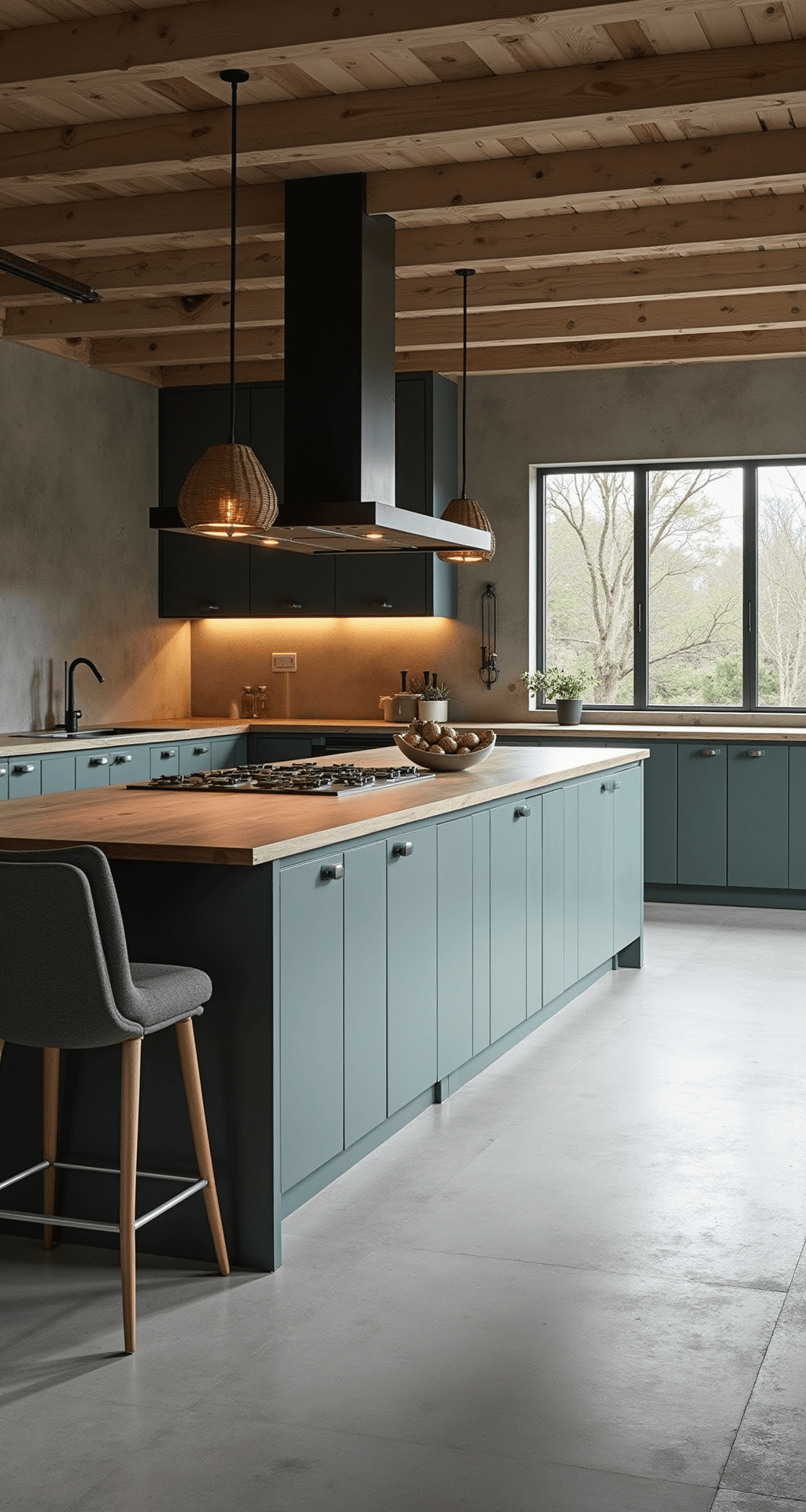 Moderne open keuken in greige tinten met ingebouwde wijnkoeler, multifunctioneel eiland en grote ramen met industrieel stalen kozijnen, tijdens het blauwe uur met zachte verlichting en betonlook afwerkingen.