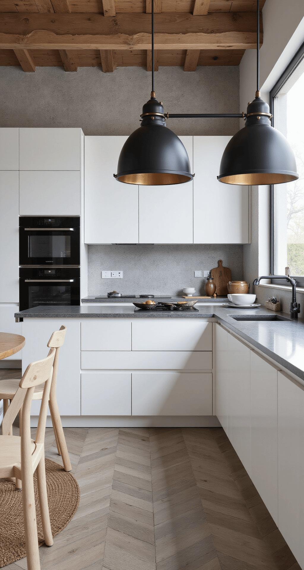 Ruime U-keuken in moderne minimalistische stijl met hoge ramen, hoogglans witte kasten, marmeren werkbladen en matzwart keukenapparatuur, gefotografeerd vanuit een hoog standpunt.