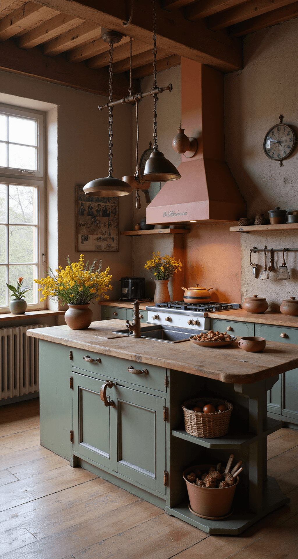 Gezellige U-keuken bij avondschemer met warme verlichting die honingkleurige houten kasten en een terracotta tegelvloer accentueert; koperen pannen hangen aan een rustiek rek en verse kruiden staan in terracotta potten op de vensterbank.