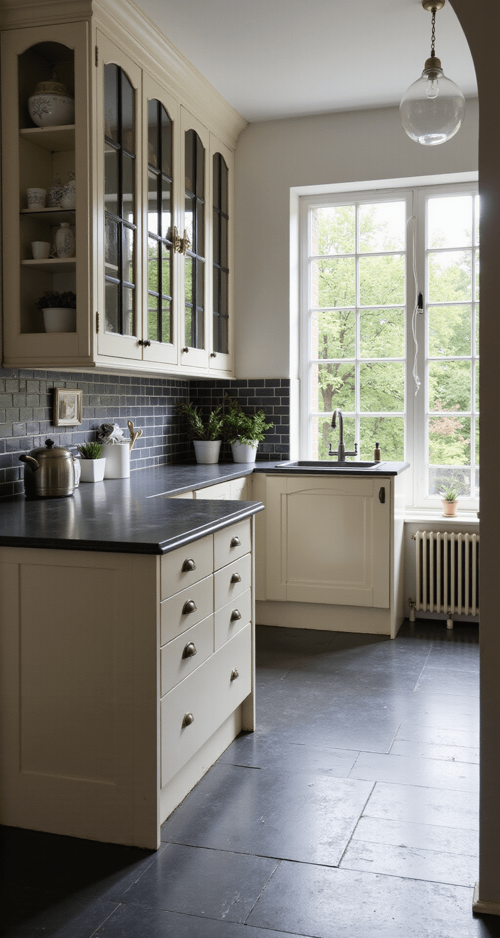 Klassieke U-keuken in herenhuis met zwart-wit geblokte vloer, crèmekleurige kasten en marmeren aanrecht, verlicht door middaglicht door glas-in-lood ramen, met vintage accessoires en een kristallen kroonluchter.