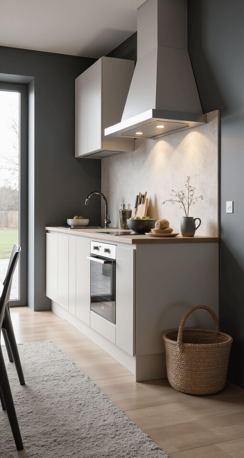Compacte U-keuken met lichtgrijze kasten, multifunctionele opbergsystemen, en een hoekcarrousel achter glazen deuren, verlicht door ochtendzon vanuit een dakraam.