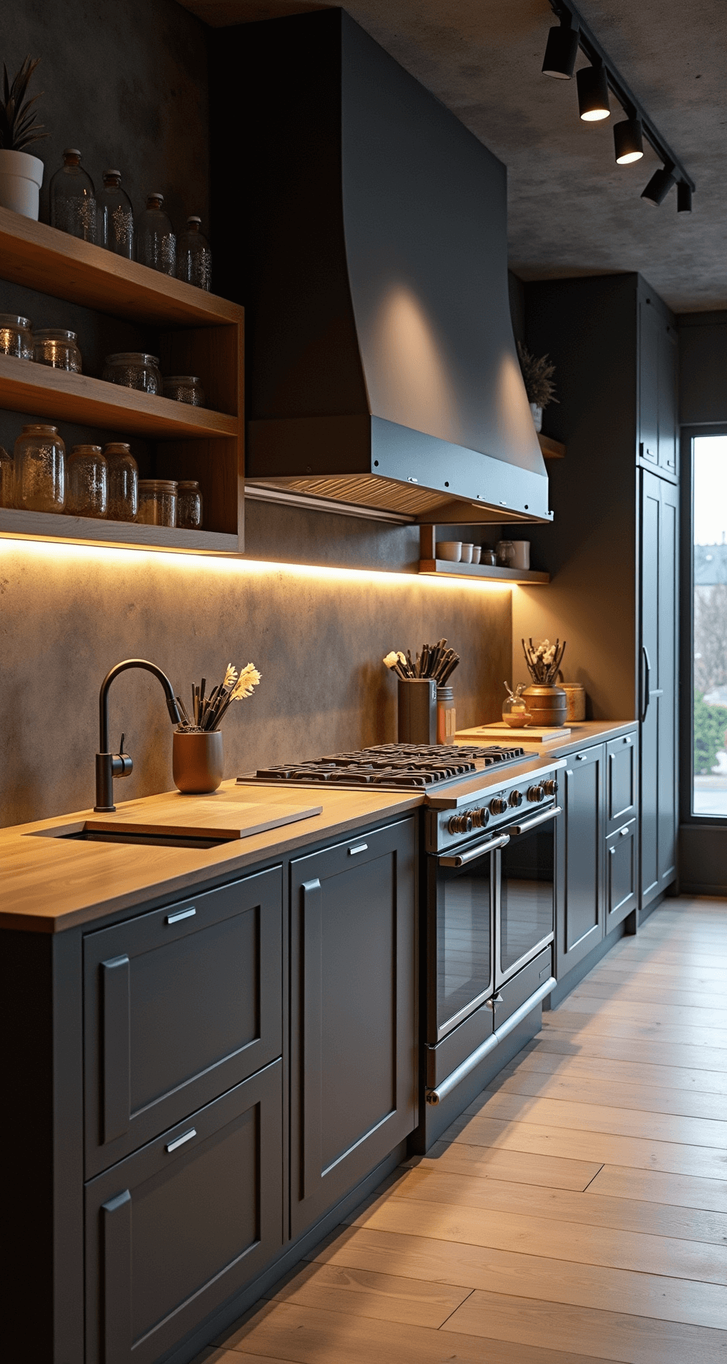 Moderne U-keuken met industriële elementen, inclusief onderbouw LED-verlichting, betonlook werkbladen, stalen frames en antraciet fronten. Kookeiland met wijnkoeler en barkrukken, gefotografeerd vanuit heuphoogte om de materiaalcontrasten te benadrukken.