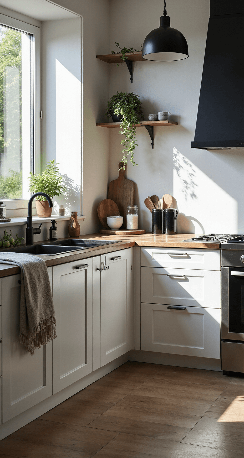 Scandinavische U-keuken met witgeolied eiken kasten en lichtgrijs composiet werkblad, zwarte accenten in handgrepen en kranen, rieten hanglampen en groene planten, gefotografeerd vanuit de zithoek met een serene sfeer en nadruk op strakke lijnen en natuurlijke texturen.
