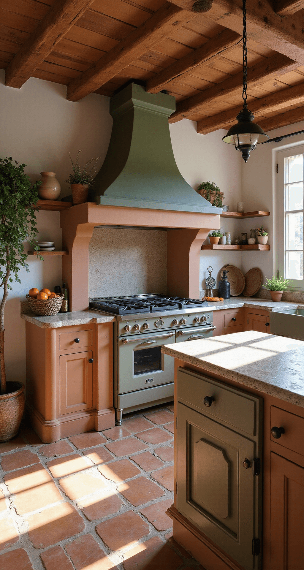 Mediterrane U-keuken met terracotta tegels, zandkleurige wanden, en olijfgroene kasten. Mozaïek tegelwerk boven het fornuis en antieke olijfkruiken als decoratie. Zonlicht creëert warme schaduwen en geeft een sfeervolle doorkijk naar de eethoek.