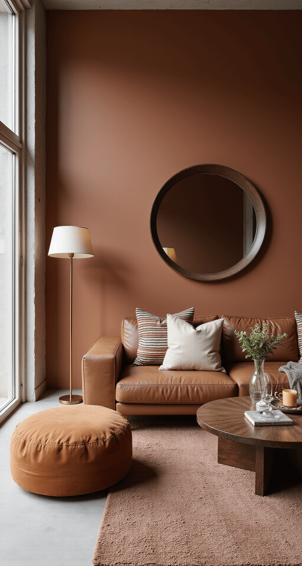 Ruime woonkamer met hoge plafonds, XL cognac leren bank, terracotta accent muur, grote ramen met linnen gordijnen, robuuste eiken vloer, gelaagde texturen van plaids en kussens, handgeweven berber tapijt, gouden accenten, vastgelegd in ochtendlicht.