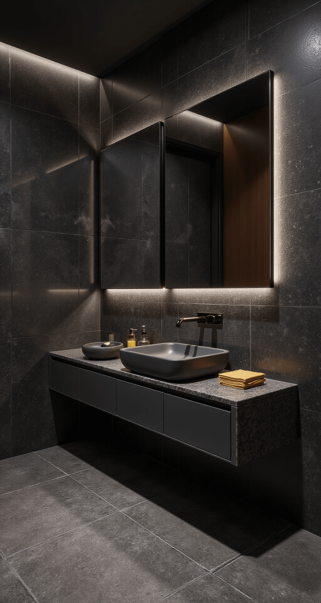 Dramatische badkamer met zwart marmerlook tegels, ingebouwd bad met LED-verlichting, zwevende wastafel in zwart met gouden kranen, grote spiegel met indirecte verlichting en mat zwarte accessoires met gouden details.