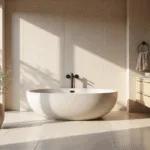 Een luxueuze beige badkamer met natuurlijke stenen tegels, een vrijstaand ovalen bad, een dubbele wastafel met een beige composiet blad en houten kasten, verlicht door zacht ochtendlicht dat door grote ramen binnenkomt.