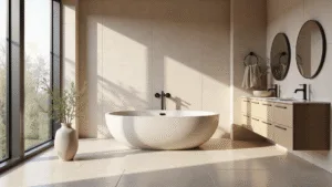 Een luxueuze beige badkamer met natuurlijke stenen tegels, een vrijstaand ovalen bad, een dubbele wastafel met een beige composiet blad en houten kasten, verlicht door zacht ochtendlicht dat door grote ramen binnenkomt.
