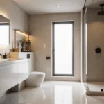Cinematische opname van een luxe compacte badkamer met marmeren tegels, een zwevend wit wastafelmeubel, een glazen inloopdouche en natuurlijk licht dat door een mat glasraam valt.