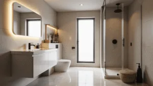 Cinematische opname van een luxe compacte badkamer met marmeren tegels, een zwevend wit wastafelmeubel, een glazen inloopdouche en natuurlijk licht dat door een mat glasraam valt.