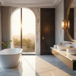 Photorealistisch interieur van een luxe hotelbadkamer bij zonsopgang, met witte Statuario marmeren tegels in herringbone patroon, een vrijstaand ovale badkuip met een geborsteld gouden kraan, en een dubbele zwevende wastafel met witte composiet wastafels, verlicht door natuurlijk ochtendlicht dat lange schaduwen creëert.