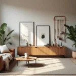 A modern Dutch living room featuring a warm Scandinavian aesthetic with a vintage cognac leather sofa, subtle sand-toned color-blocked walls, tall windows allowing morning sunlight, and lush greenery in terracotta pots, styled with elegant ceramics and brass accents.