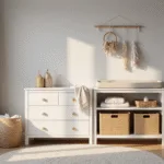 Een heldere, moderne kinderkamer met een witte IKEA HEMNES ladekast tegen een lichtgrijze muur, verlicht door zacht ochtendlicht dat door sheer gordijnen stroomt. De ladekast is gestyled met gevlochten opbergmanden, een beige verschoonmat en een houten mobiel erboven. Pastelkleuren en natuurlijke materialen domineren de ruimte, met een ronde, zachte vloerkleed en macramé wandhangingen.