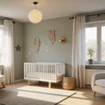 Een fotorealistische weergave van een Scandinavische babykamer met moderne verlichting, zachte pasteltinten en natuurlijke elementen.