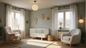 Een fotorealistische weergave van een Scandinavische babykamer met moderne verlichting, zachte pasteltinten en natuurlijke elementen.