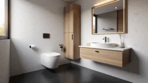 Compact, modern badkamer in Scandinavische stijl met witte marmeren hexagonale wandtegels, matte zwarte vloertegels, zwevend toilet en lichtgrijze eiken wastafel, verlicht door ochtendzon.