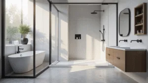 Modern minimalistische badkamer met inloopdouche, zwart-framed glazen panelen, witte marmerlook tegels en een zwevende eiken wastafel, verlicht door ochtendzonlicht dat door een sky-light stroomt, met hexagonale lichtgrijze vloertegels en matte zwarte armaturen.