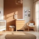 Serene unisex nursery met natuurlijke materialen, inclusief een witte houten wieg, een eiken kast, en een rieten lamp. Gekenmerkt door zachte beige en terracotta muren, licht stroomt door sheer linnen gordijnen. Minimalistische Scandinavische inrichting met een bouclé borstvoedingsstoel en macramé wanddecoratie.