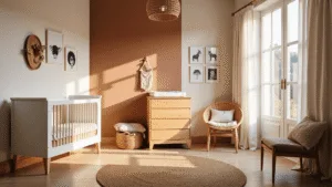 Serene unisex nursery met natuurlijke materialen, inclusief een witte houten wieg, een eiken kast, en een rieten lamp. Gekenmerkt door zachte beige en terracotta muren, licht stroomt door sheer linnen gordijnen. Minimalistische Scandinavische inrichting met een bouclé borstvoedingsstoel en macramé wanddecoratie.