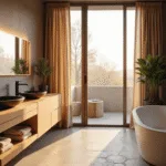 Fotorealistisch interieur van een luxe moderne badkamer met gouden ochtendlicht, zwevend eiken wastafel met dubbele wastafels, matte zwarte kranen, vrijstaand ovaal ligbad in matwit, hexagonale tegels in warm grijs, en grote ramen die natuurlijk licht binnenlaten.